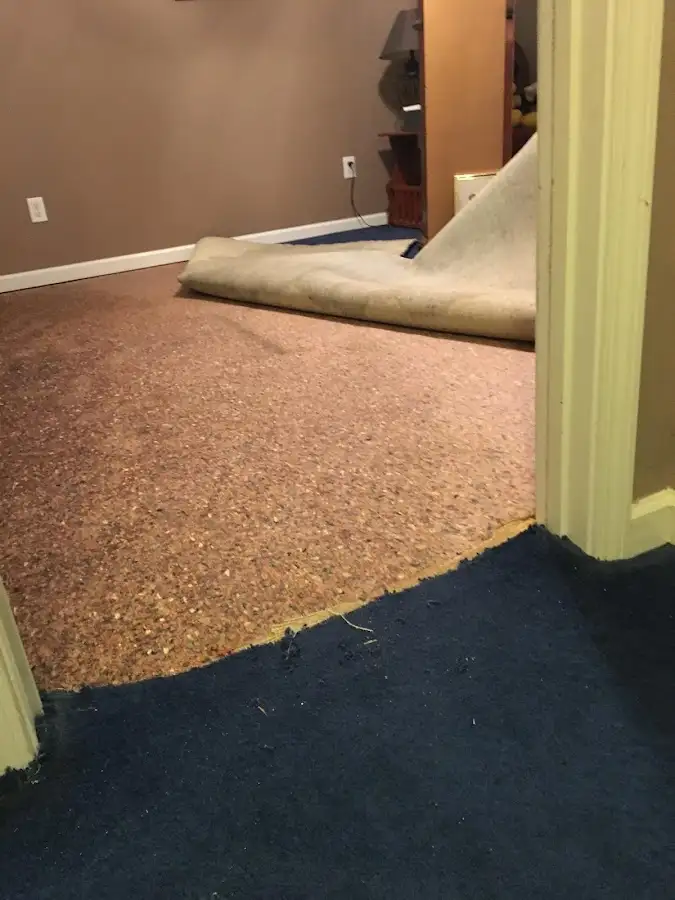 Carpet pad removal revealing water damage during Drying & Dehumidification in West Haverstraw